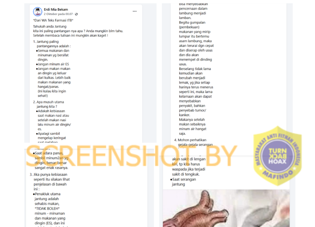 [HOAKS atau FAKTA]: Makanan dan Minuman Dingin Berbahaya Bagi Jantung