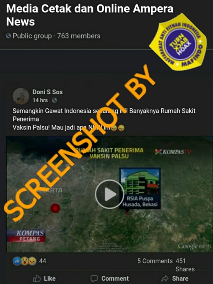 Tangkapan layar soal hoaks banyak rumah sakit terima vaksin palsu. (Foto: MP/Turnbackhoax.id)