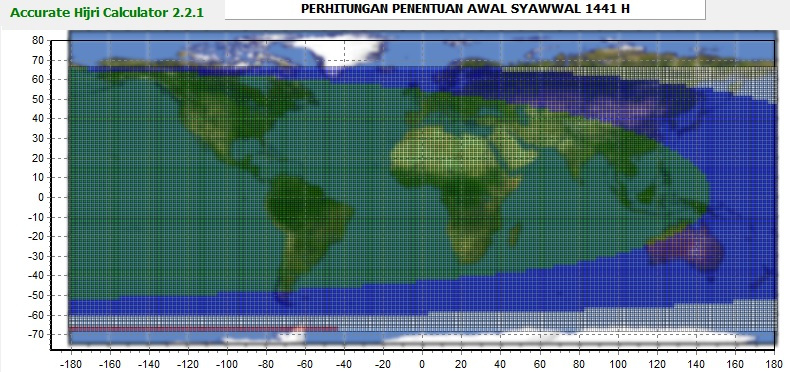 Garis tanggal Syawal 1441 berdasarkan kriteria Wujudul Hilal (antara arsir merah dan putih), ketinggian bulan 2 derajat (antara arsir putih dan biru), dan kriteria Odeh (antara arsir biru dan hijau). Foto: Thomas Djamaluddin
