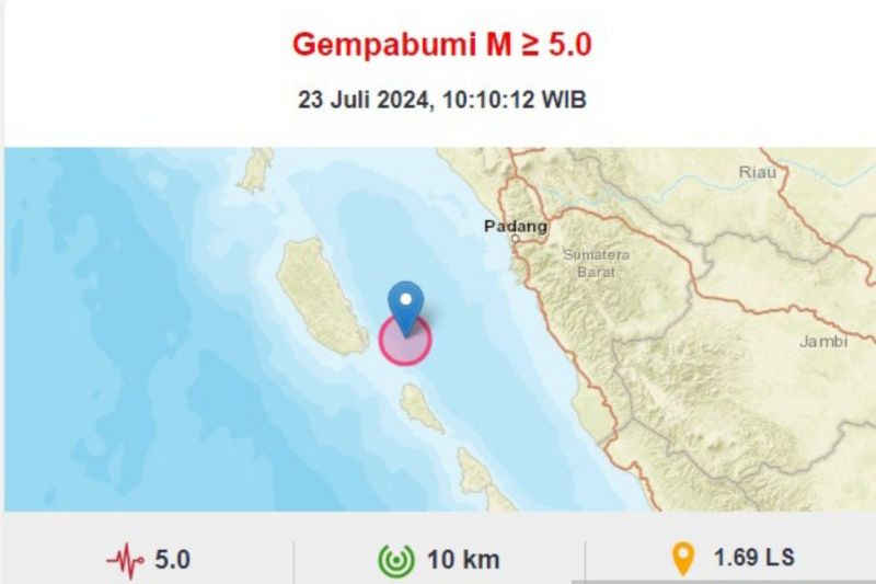 Kepulauan Mentawai Diguncang Gempa Magnitudo 5,7, Terasa Sampai Padang