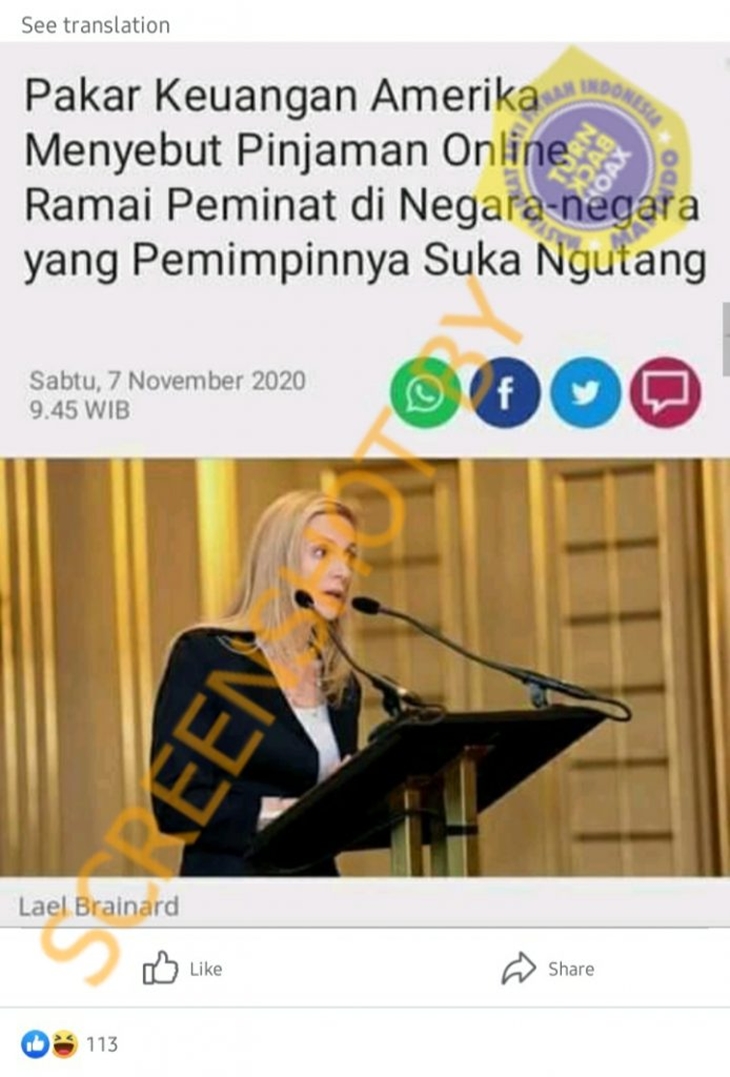 Tangkapan layar soal hoaks pakar keuangan AS sebut pinjol ramai peminat di negara yang suka mengutang. (Foto: MP/Turnbackhoax.id)