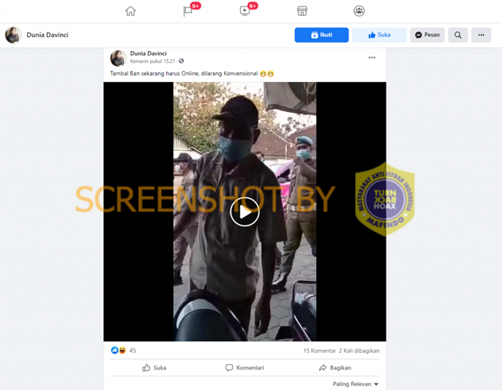 Tangkapan layar soal hoaks “Tambal Ban sekarang harus Online, dilarang Konvensional”. (Foto: MP/Turnbackhoax.id)