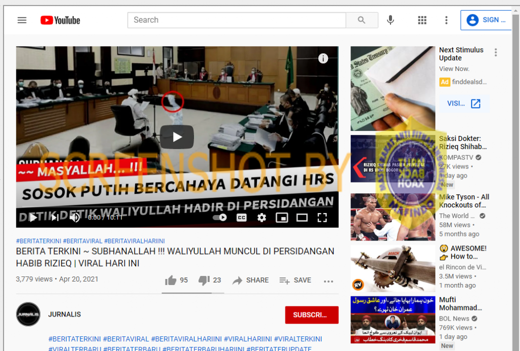 Tangkapan layar Youtube soal hoaks sosok putih datangi Rizieq Shihab. (Foto: MP/Turnbackhoax.id)