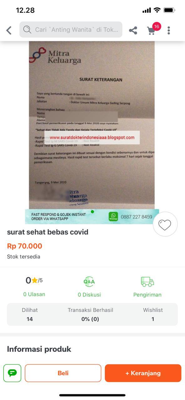 Surat Keterangan Sehat dijual via online