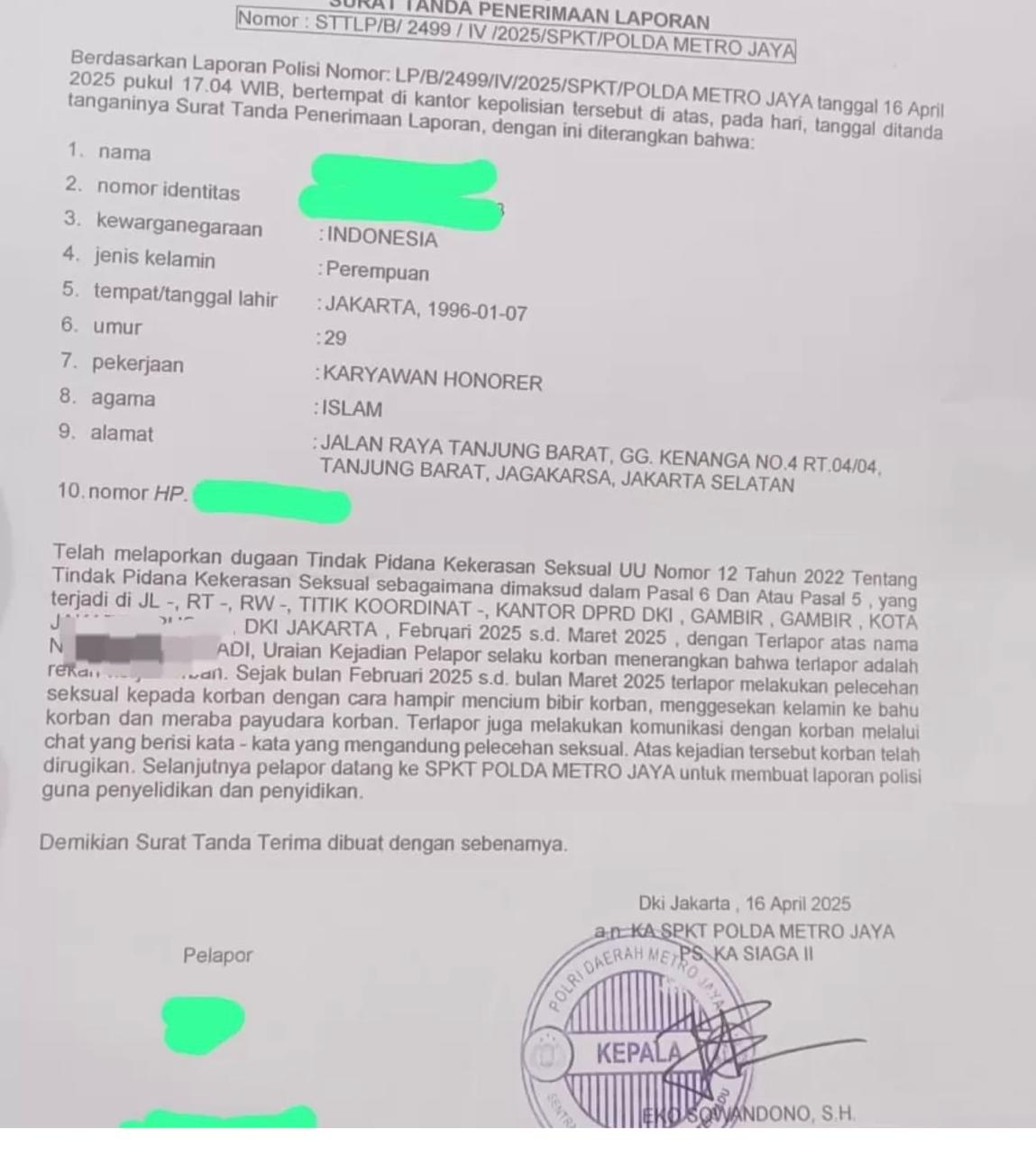 Bukti laporan korban tindakan dugaan pelecehan seksual di DPRD DKI Jakarta. Foto: MerahPutih.com/Asropih