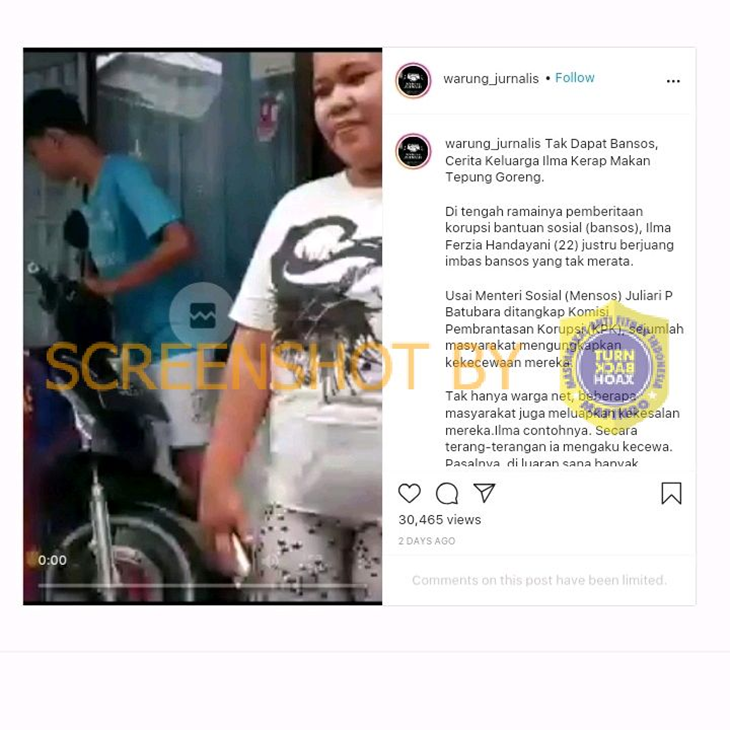 Tangkapan layar Instagram soal warga Depok makan tepung terigu karena bantuan COVID-19 tak merata. (Foto: MP/turnbackhoax.id)