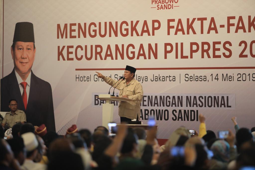 Prabowo Subianto berpidato dalam simposium kecurangan Pilpres 2019