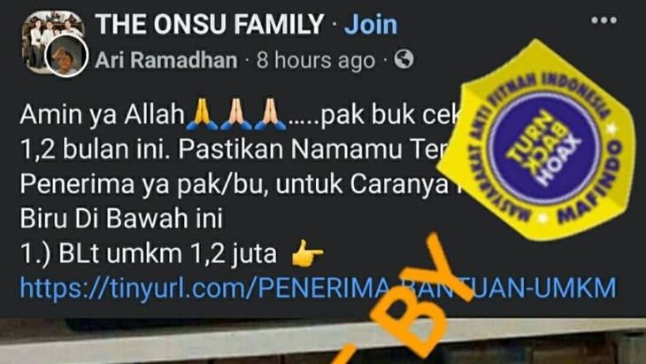 [HOAKS atau FAKTA]: Link Penerima BLT UMKM Bulan Januari 2022 Sebesar Rp 1,2 Juta