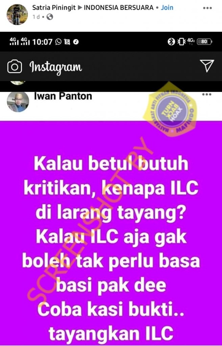 Tangkapan layar hoaks soal ILC dilarang pemerintah. (Foto: MP/Turnbackhoax.id)