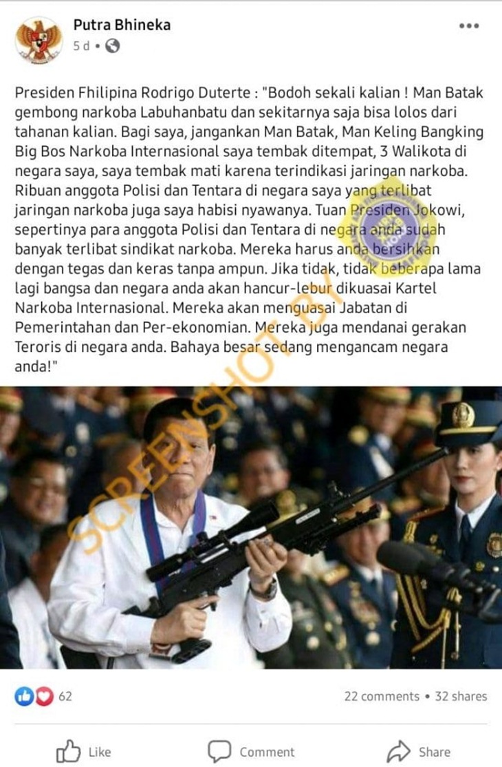Tangkapan layar media sosial soal hoaks Presiden Filipina Duterte peringatkan Jokowi karena lolosnya gembong narkoba. (Foto: MP/Turnbackhoax.id)