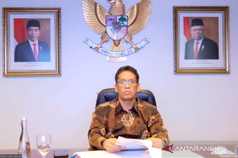 Ketua Dewan Komisioner Lembaga Penjamin Simpanan (LPS) Purbaya Yudhi Sadewa dalam Konferensi Pers Penetapan Tingkat Bunga Penjaminan LPS secara daring di Jakarta, Rabu (29/09/2021). (ANTARA/Agatha Olivia)