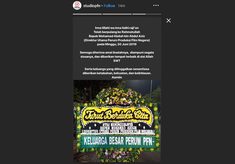 Ucapan duka (Sumber: Instagram/studiopfn)