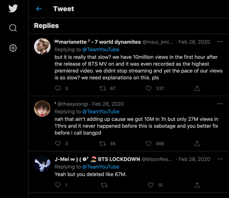 Respon ARMY terhadap penjelasan jumlah view yang hilang di YouTube. (Foto Twitter)