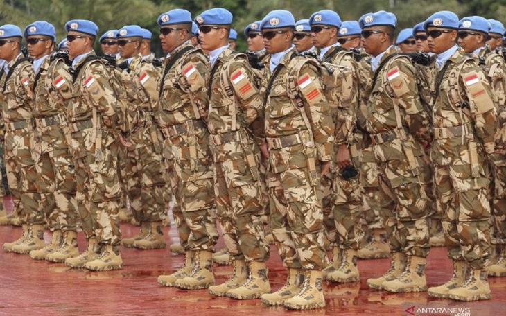 Anggota Pasukan Garuda dalam Satgas Kompi Zeni TNI Konga XX-Q MONUSCO di Mabes TNI, Cilangkap. (ANTARA FOTO/ASPRILLA DWI ADHA)