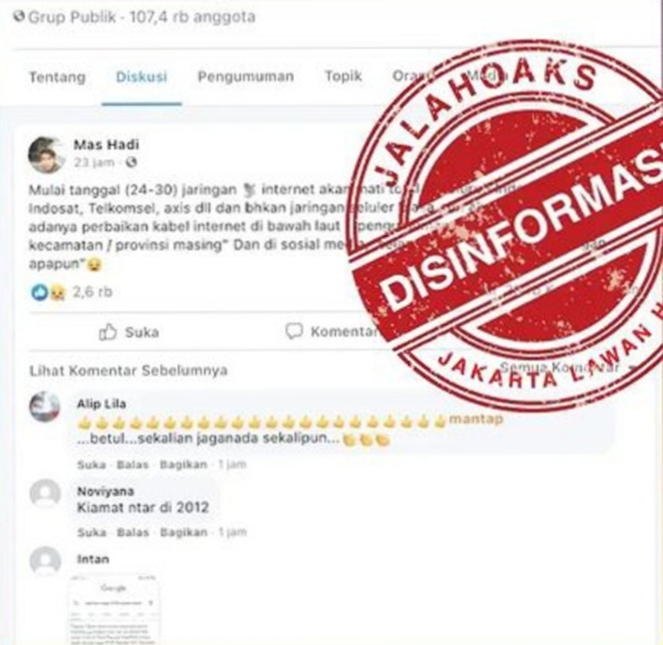 Tangkapan layar soal hoaks internet mati sampai 30 September akibat perbaikan bawah laut. (Foto: MP/Ist)