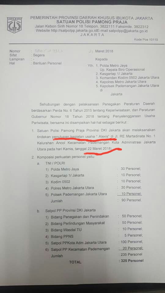 Surat Penutupan Hotel Alexis/ (Ist)