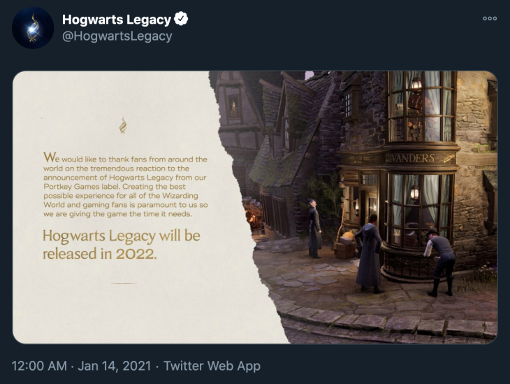 Pernyataan diumumkan melalui akun resmi gim tersebut. (Foto: Twitter/HogwartsLegacy)