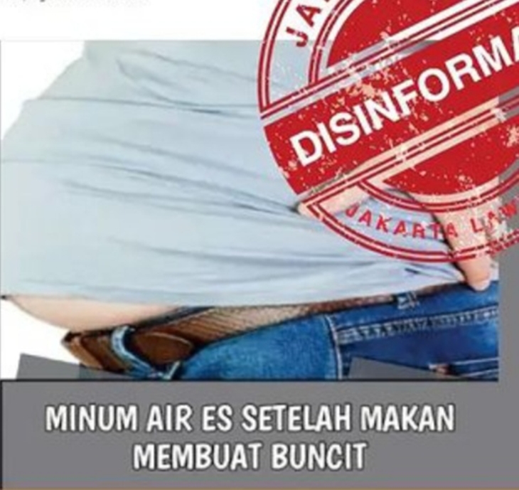 Tangkapan layar soal hoaks minum air es membuat perut buncit. (Foto: MP/Ist)