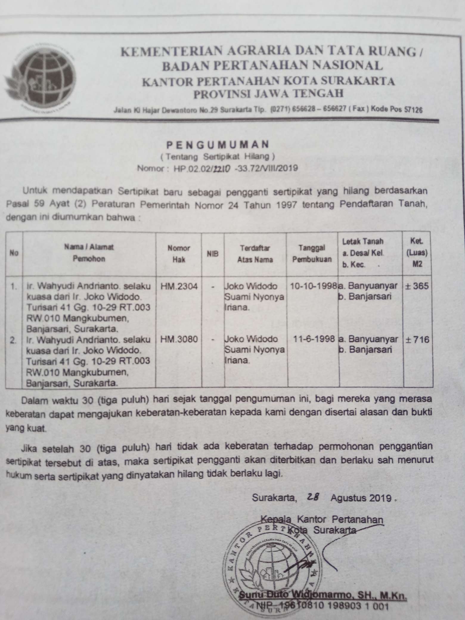 Pengumumuman dua sertifikat tanah milik Presiden Jokowi yang hilang di media koran lokal Solo, Jawa Tengah, Kamis (29/8). (MP/Ismail)