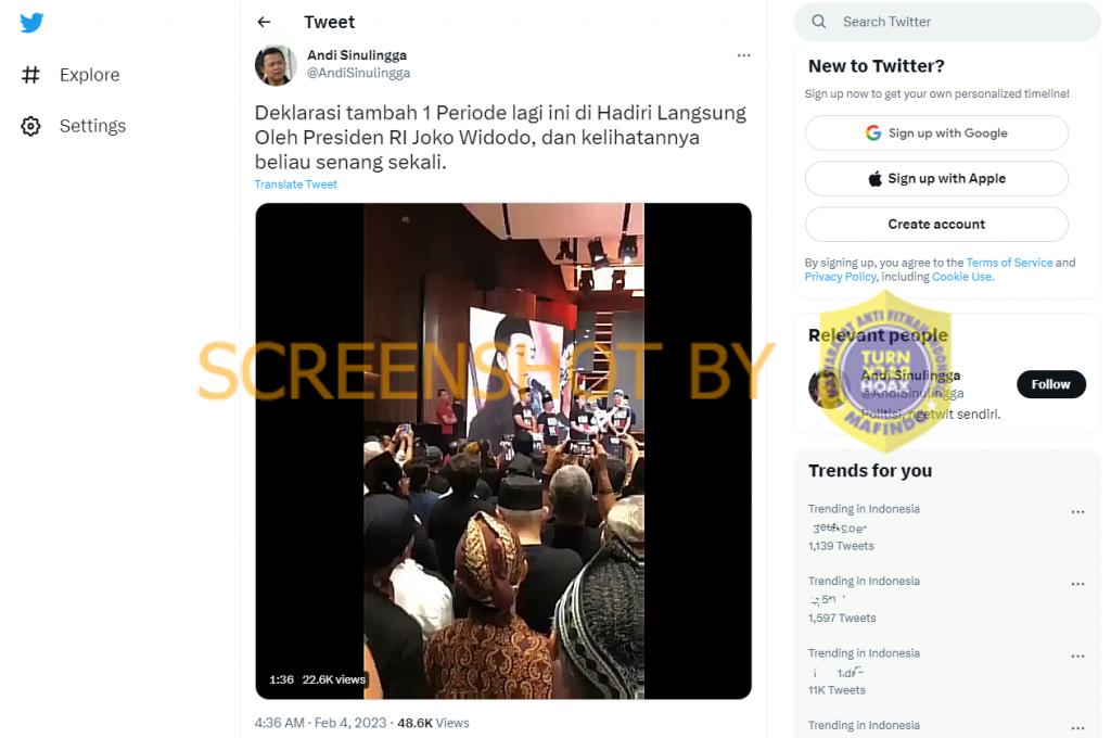 [HOAKS atau FAKTA]: Jokowi Hadiri Deklarasi Tambah Satu Periode Lagi