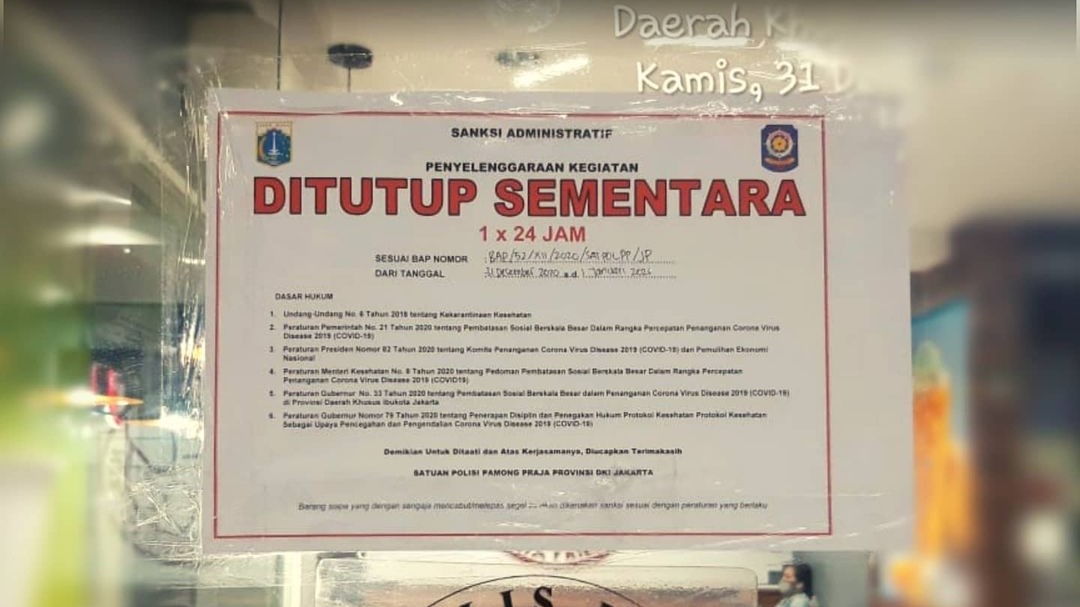 Puluhan Tempat Usaha di Jakarta Ditutup karena Langgar Aturan saat Tahun Baru