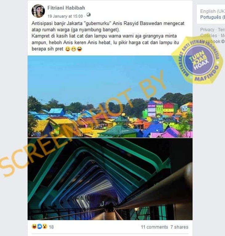 Tangkapan layar media sosial soal hoaks Anies Baswedan mengecat atap rumah warga untuk cegah banjir. (Foto: MP/Turnbackhoax.id)