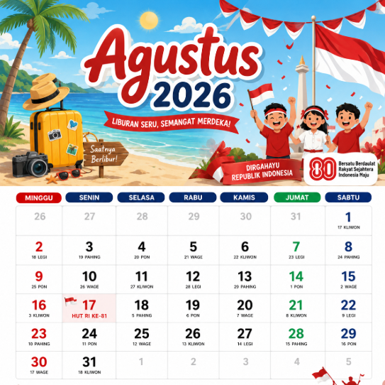 Kalender Agustus 2026 Lengkap Jadwal Long Weekend, Tanggal Merah dan Libur Nasional