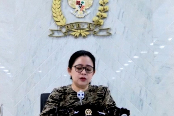 Ketua DPR RI Puan Maharani dalam Webinar Nasional IV Bulan Bung Karno 2020 yang diselenggarakan Badan Pendidikan dan Pelatihan Pusat PDIP, yang bertema 'Politik Kesehatan Berdikari', di Jakarta, Selasa (30/6/2020). (ANTARA/HO-PDIP)