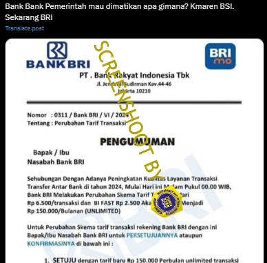 [HOAKS atau FAKTA] : Biaya Transfer Antar Bank dari BRI Menjadi Rp 150 Ribu Per Bulan