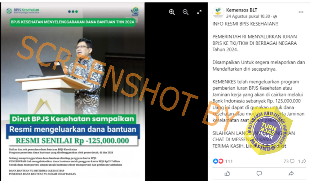 [HOAKS atau FAKTA] : Cara Mendapatkan Uang Rp 125 Juta dari BPJS Kesehatan