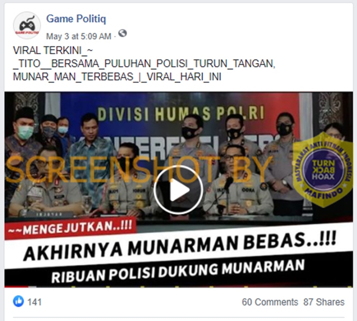 Tangkapan layar soal hoaks Mendagri Tito Karnavian dan Polisi sepakat bebaskan Munarman. (Foto: MP/Turnbackhoax.id)