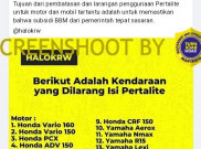 [HOAKS atau FAKTA] : Daftar Sejumlah Motor yang Dilarang Mengisi BBM Pertalite per September