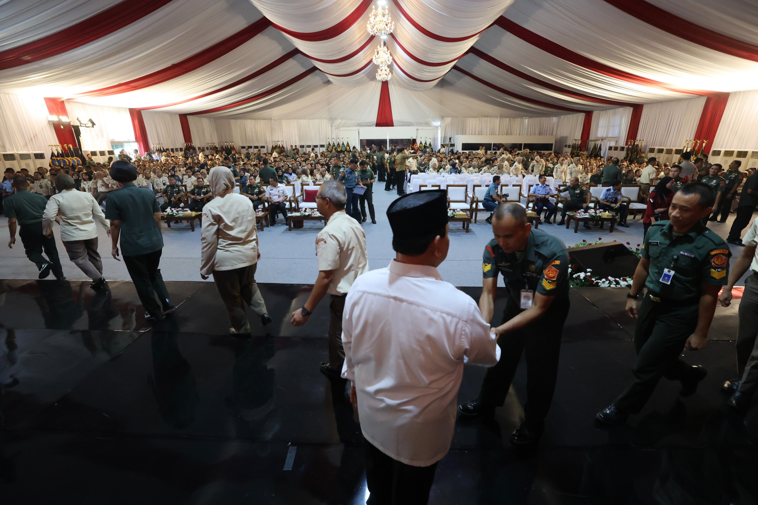 Menteri Pertahanan, Prabowo Subianto, saat acara Halalbihalal di Gedung Kementerian Pertahanan, Senin (6/5)