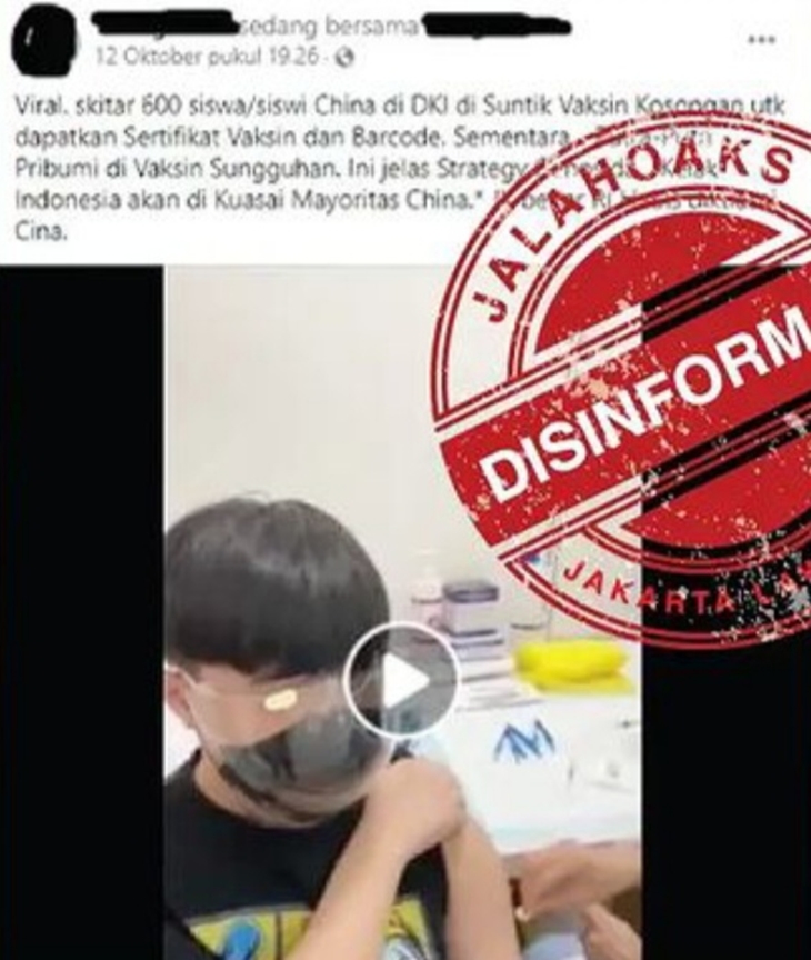 Tangkapan layar soal hoaks ratusan pelajar China disuntik vaksin kosong di Jakarta. (Foto: MP/Ist)