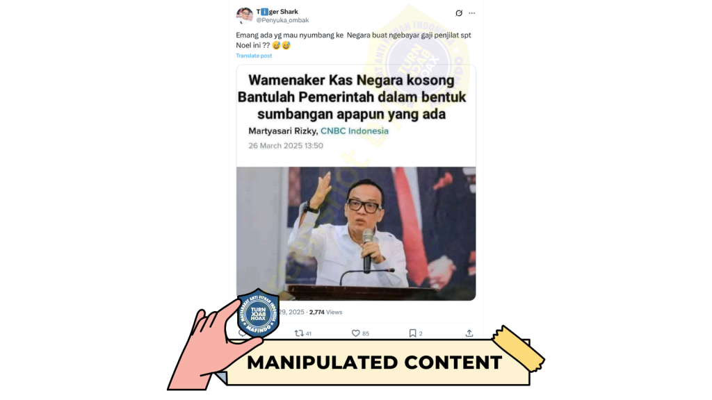 [HOAKS atau FAKTA]: Kas Negara sudah Kosong, Wamenaker Minta Rakyat Berikan Sumbangan dalam Bentuk Apapun