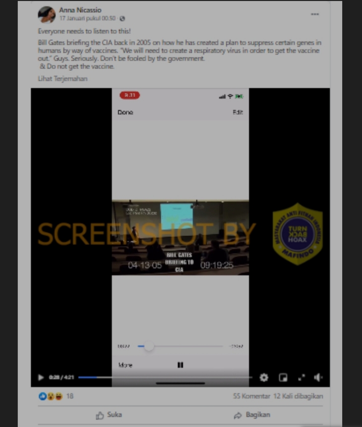 Dalam video disebutkan vaksin mampu mengendalikan seseorang. (Foto: Mafindo)