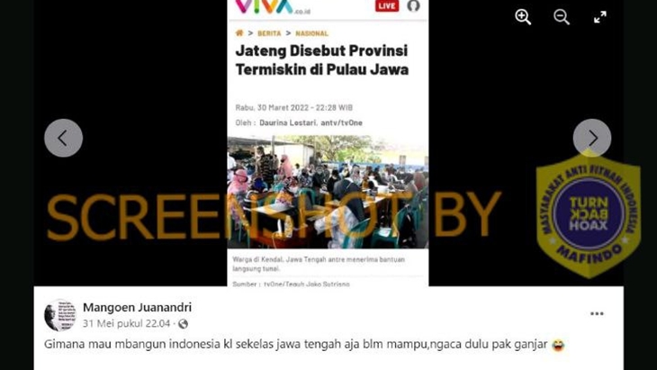 [HOAKS atau FAKTA]: Jawa Tengah Provinsi Termiskin di Pulau Jawa