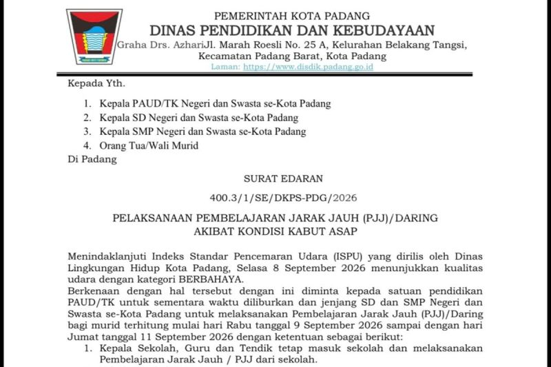 Padang Dikepung Asap Karhutla, TK Diliburkan SD-SMP PJJ Hingga 11 September