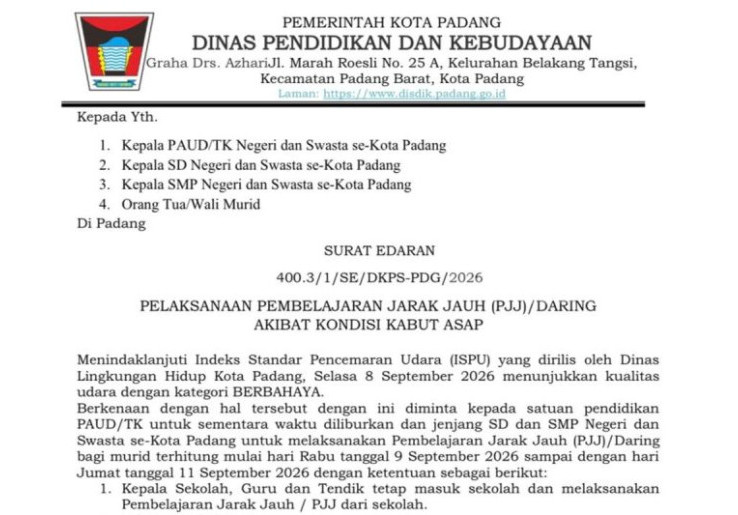 Padang Dikepung Asap Karhutla, TK Diliburkan SD-SMP PJJ Hingga 11 September