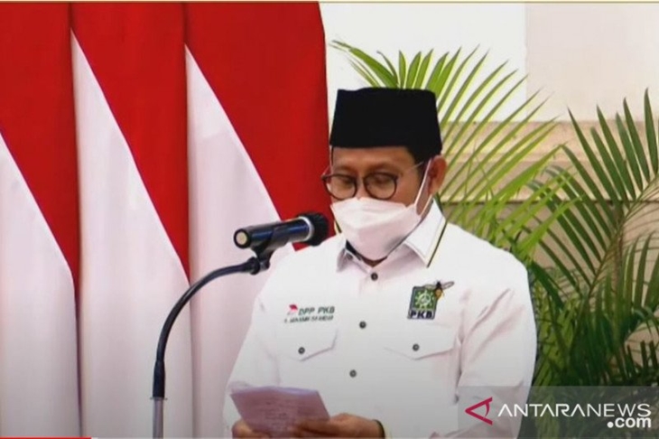 Tangkapan layar Ketua Umum DPP PKB, Muhaimin Iskandar, saat membacakan laporan di Istana Negara, Jakarta, Kamis (8/4/2021). ANTARA/Fauzi Lamboka
