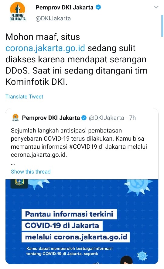 Situs Pemprov DKI terkait informasi virus corona diserang hacker