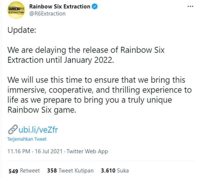 Ubisoft selaku pengembang mengumumkan rilis Rainbow Six Extraction pada Januari 2022. (Foto: Twitter/@R6Extraction)
