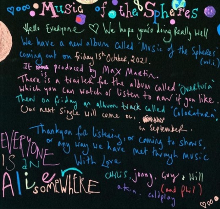 Coldplay mengumumkan album ke sembilannya melalui catatan tangan. (Foto: IG/@coldplay)