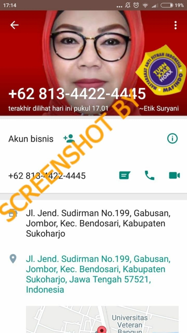Tangkapan layar soal hoaks Bupati Sukoharjo. (Foto: MP/Turnbackhoax.id)