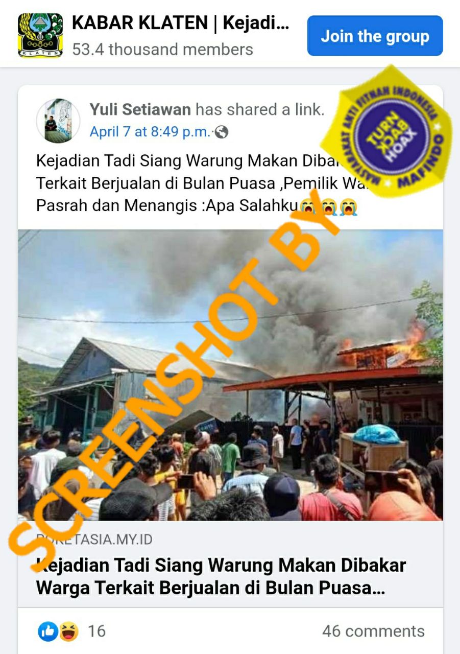 [HOAKS atau FAKTA]: Warung Makan Dibakar Karena Berjualan di Bulan Puasa