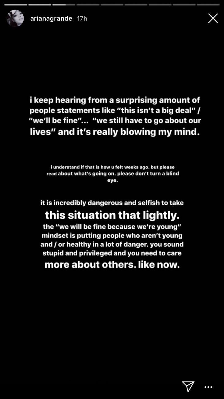 Melalui instagram pribadinya Ariana Grande meminta penggemarnya untuk lebih serius menanggapi virus Corona (Foto: Instagram/@ArianaGrande)