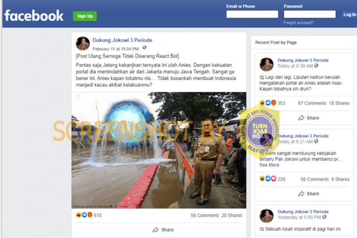 Tangkapan layar Facebook soal hoaks banjir Jawa Tengah akibat ulah Anies Baswedan. (Foto: MP/Turnbackhoax.id)