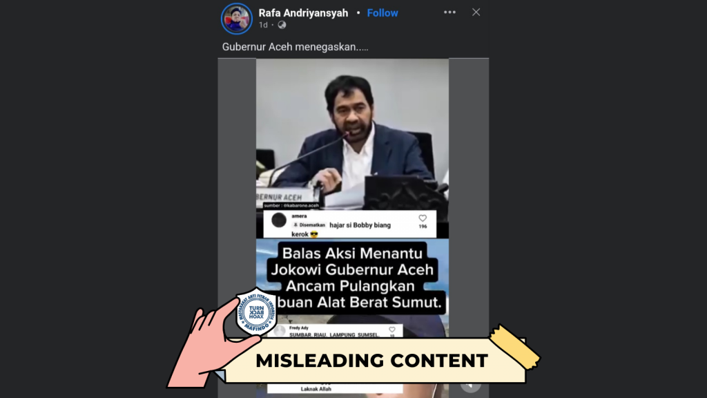 [HOAKS atau FAKTA]: Balas Tindakan Bobby, Gubernur Aceh Pulangkan Ribuan Alat Berat Milik Pengusaha Sumut
