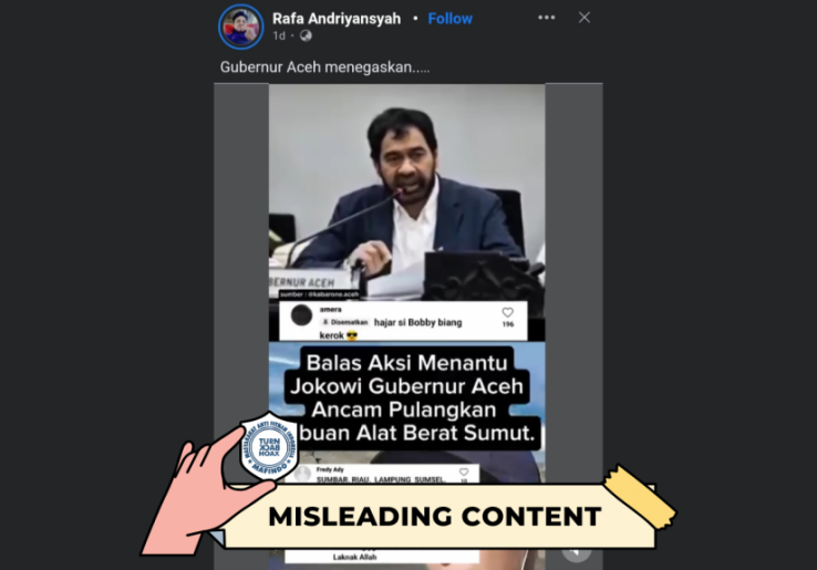 [HOAKS atau FAKTA]: Balas Tindakan Bobby, Gubernur Aceh Pulangkan Ribuan Alat Berat Milik Pengusaha Sumut