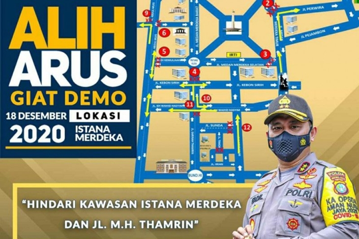 Rute pengalihan arus lalu lintas oleh aliansi nasional PA 212 di Istana Merdeka Jakarta dan MH Thamrin, Jumat (18/12/2020) (ANTARA/HO-Polda Metro Jaya)